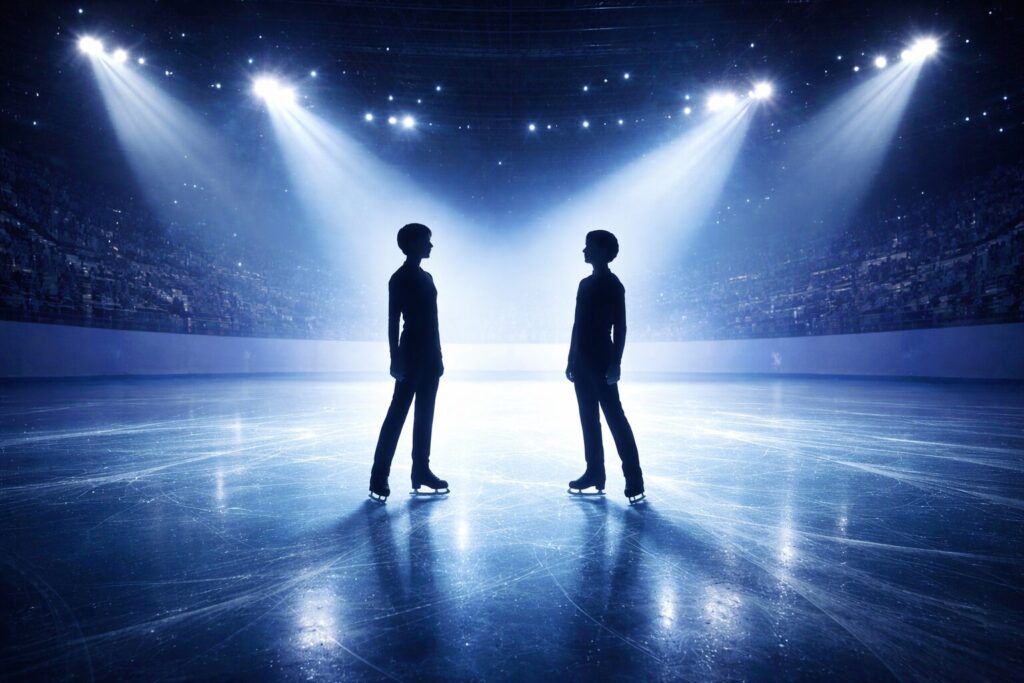 マリニンと羽生結弦を象徴するようにリンクで向き合う2人のシルエット。憧れと継承を表現したイメージ