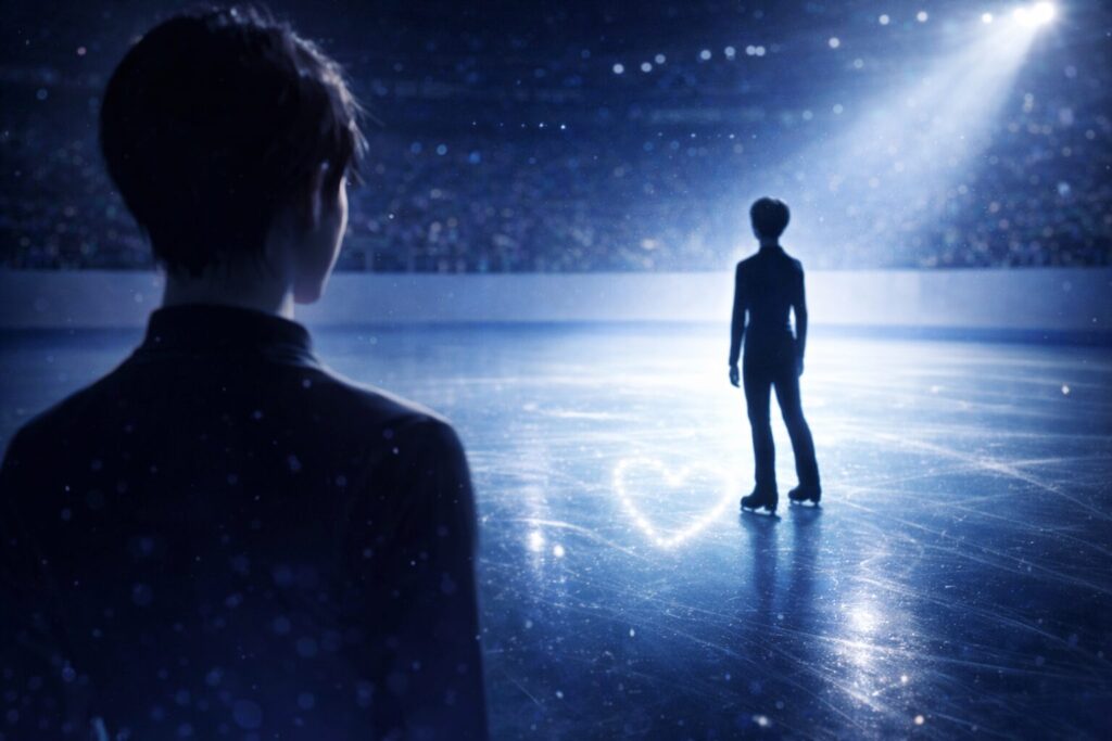 憧れの存在を見つめるマリニンの後ろ姿をイメージしたシーン。羽生結弦へのリスペクトを表現