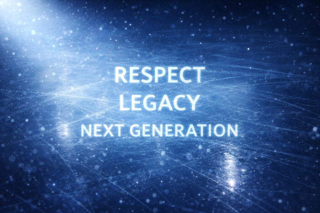 RESPECT・LEGACY・NEXT GENERATIONの文字が浮かぶ氷上イメージ。羽生結弦のレガシーを受け継ぐマリニンを象徴