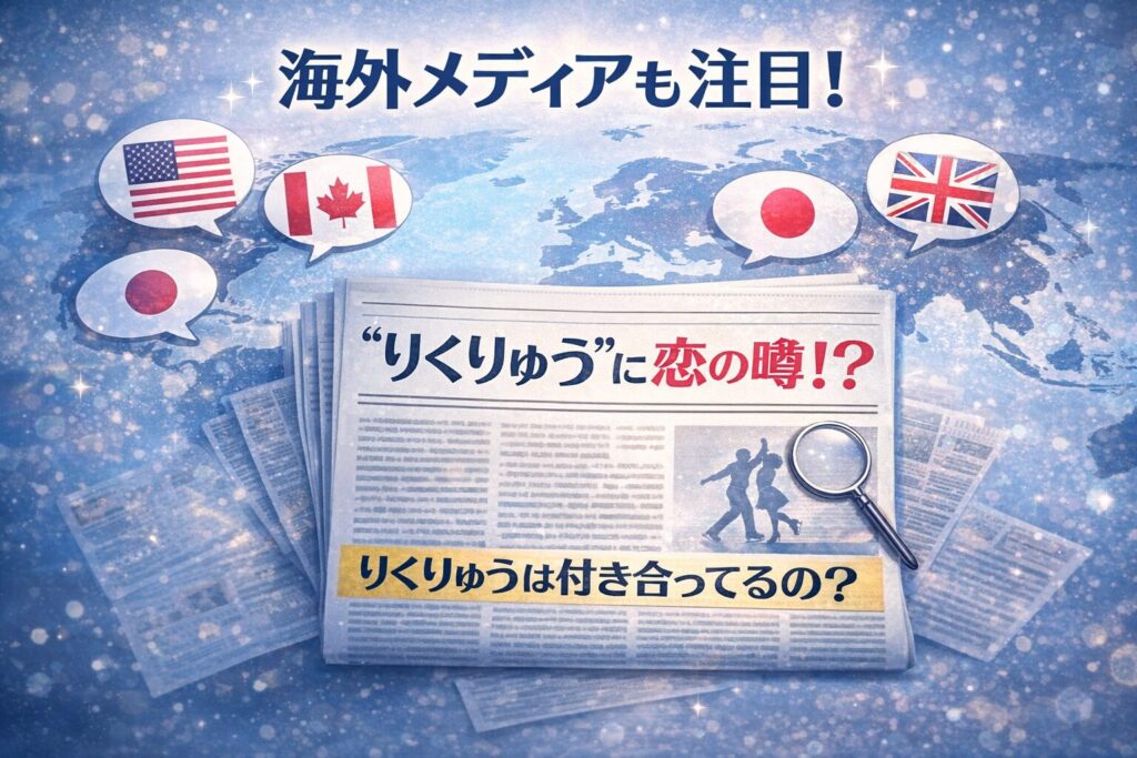 海外メディアも注目するりくりゅうは付き合ってるのかという報道をイメージしたニュース風イラスト