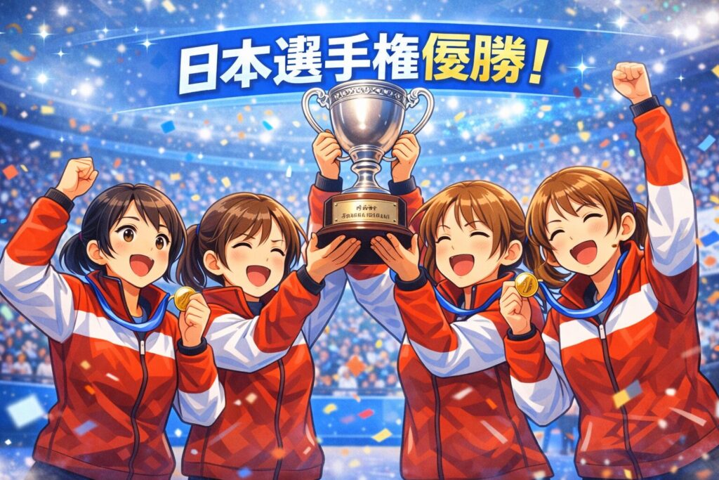 フォルティウス女子カーリングチームが日本選手権で優勝し喜ぶイラスト。赤白ユニフォームの4人の選手がトロフィーを掲げ、ガッツポーズを取り、背景に観客と氷上リンクが描かれ、文字「日本選手権優勝!」入り。